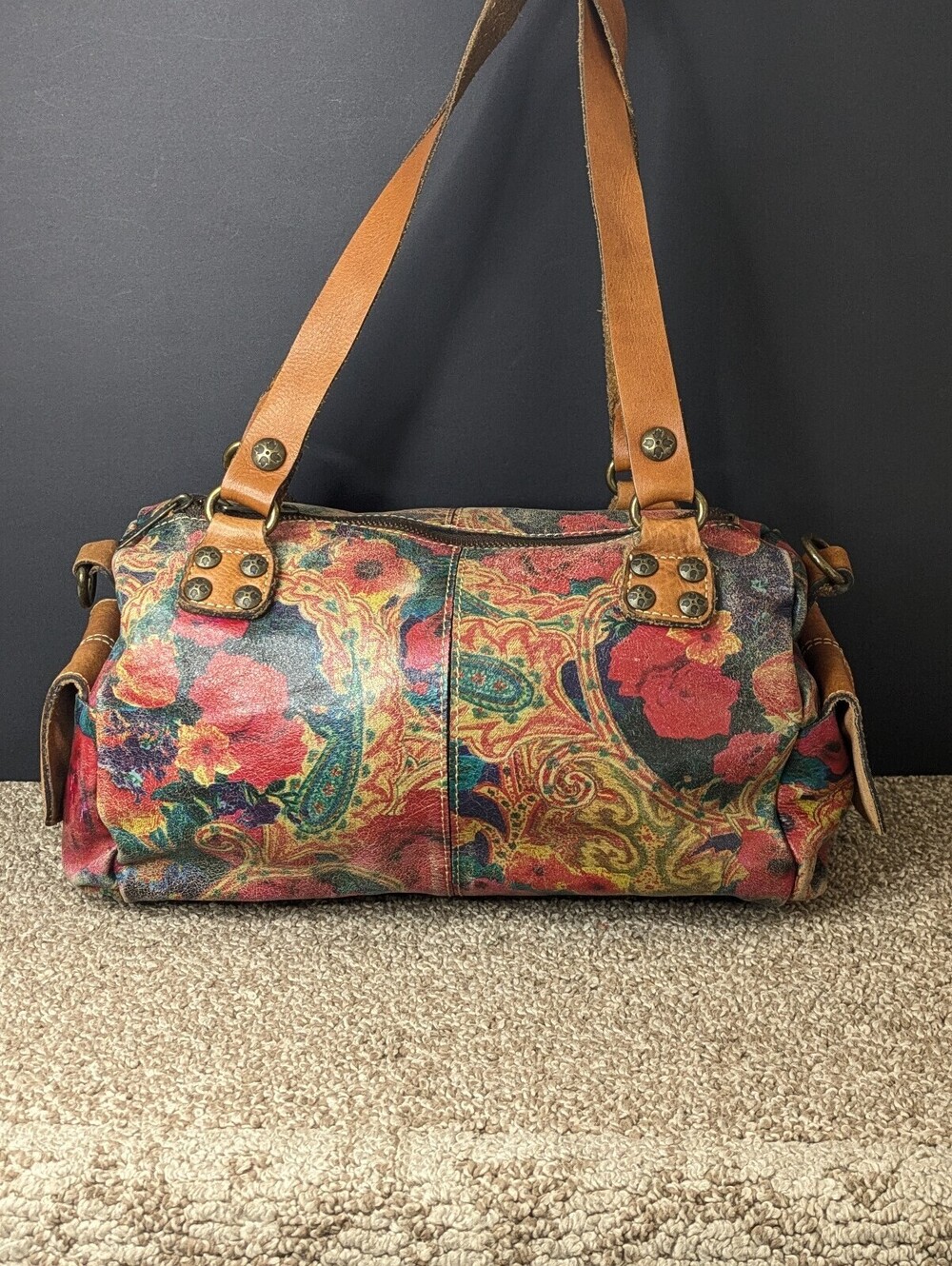 Patricia Nash Vintage Satchel Purse Leather Floral Paisley Shoulder Barrel Bag